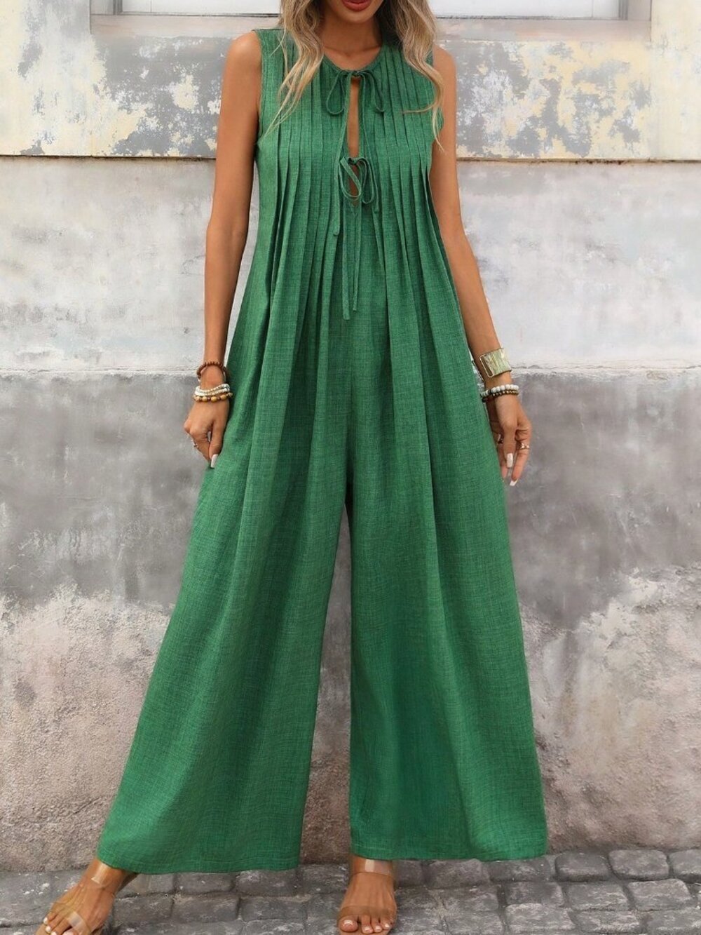 Green Casual Women's Vacation Jumpsuit with Front Tie